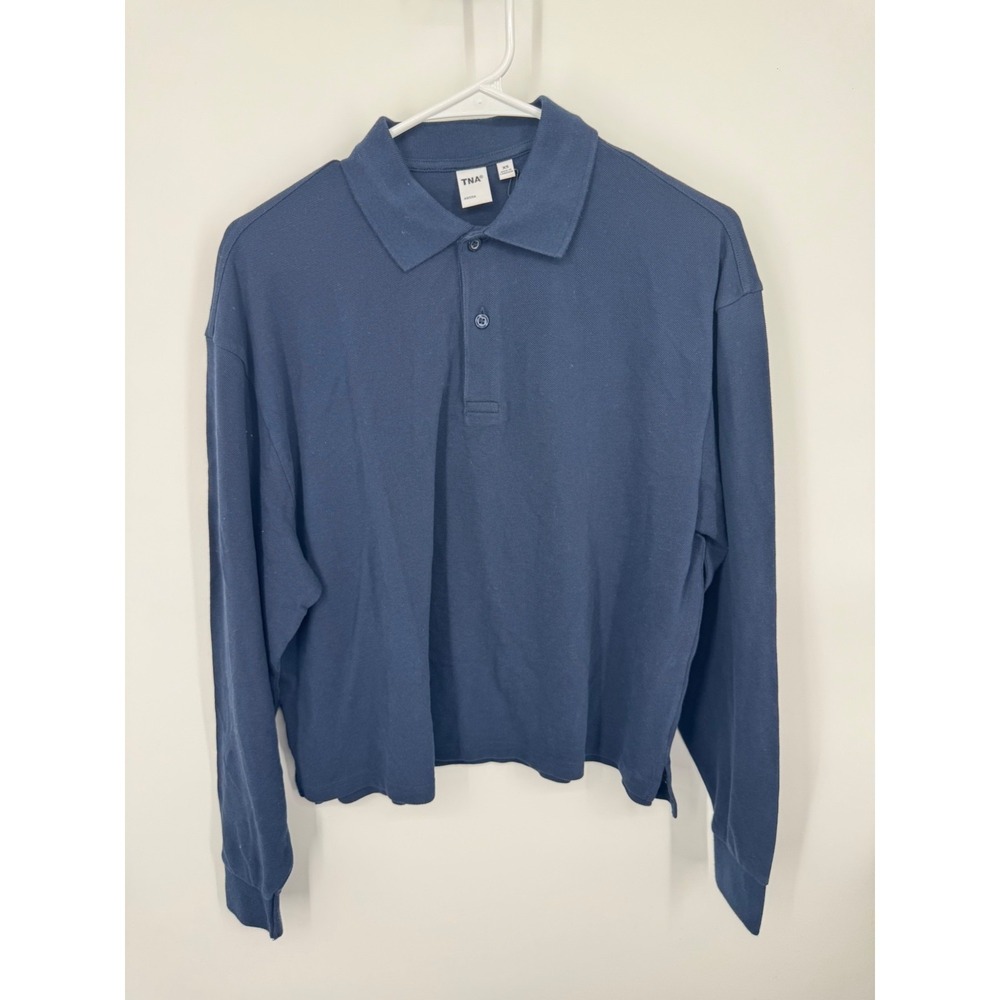 NWT TNA Aritzia Touney Polo Shirt Women XS Blue Pullover Long Sleeve 100% Cotton